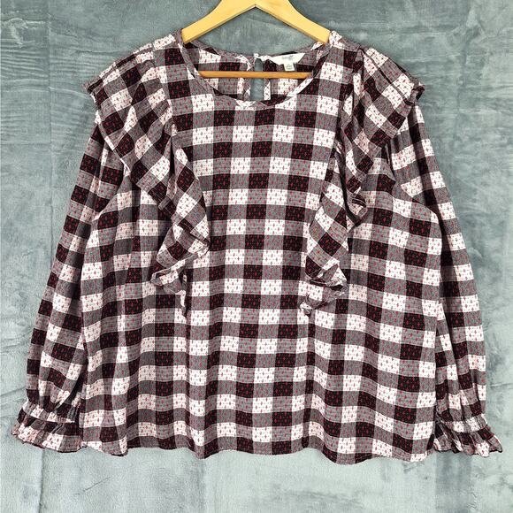 Womens‎ Top 1X Plaid Cross Ruffles Fairy Grunge Boho Peasant Cottagecore Country - Picture 1 of 8